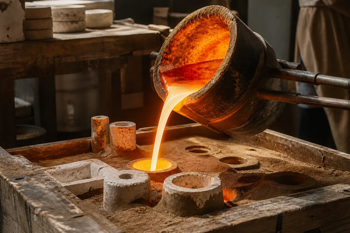 Coulée de bronze en fusion depuis un creuset vers les moules réfractaires enterrés