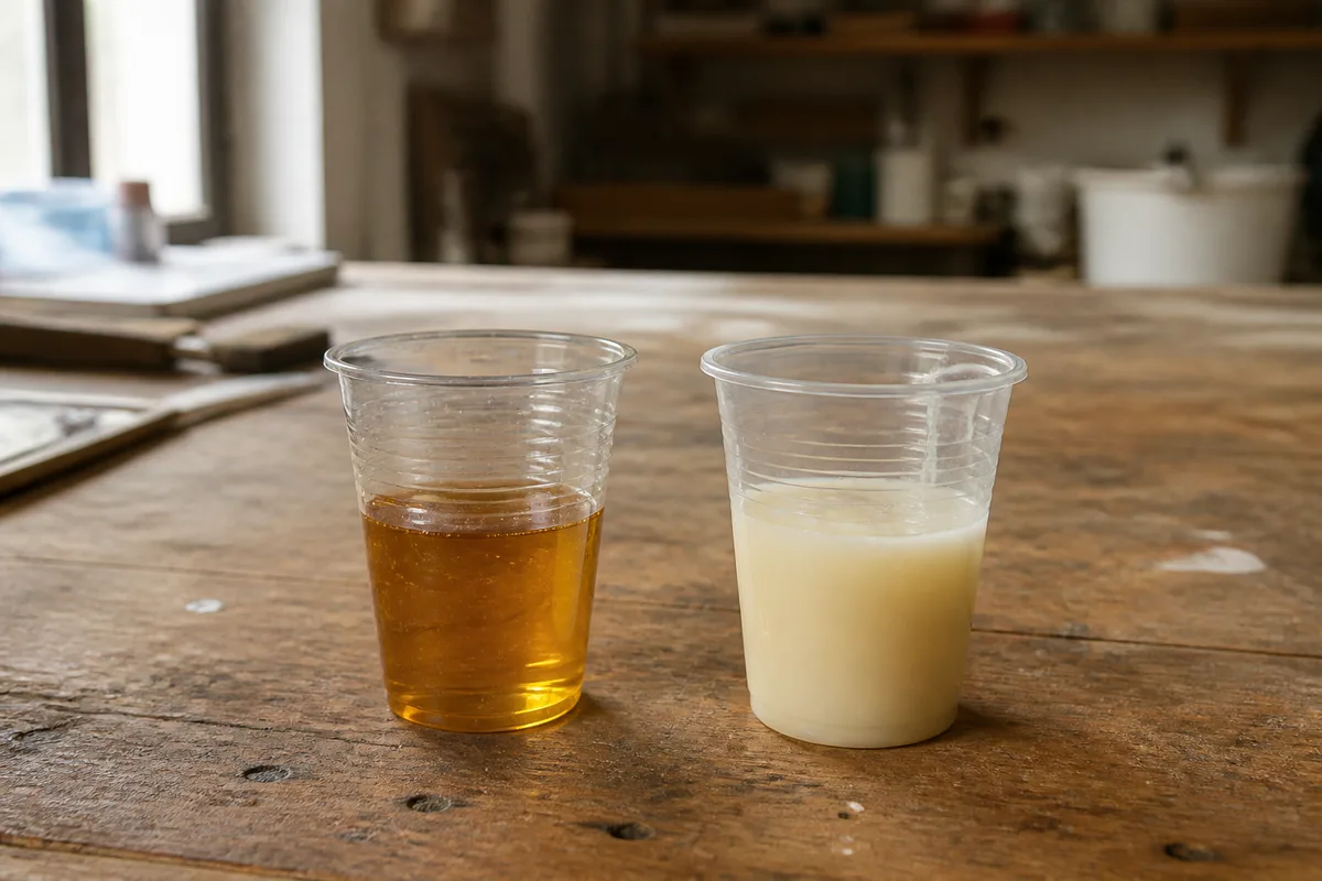 Deux composants de résine de coulée dosés à la balance avant mélange en atelier